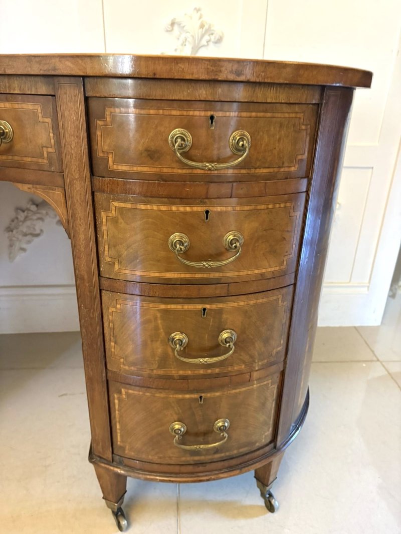 Large Antique Edwardian Quality Inlaid Mahogany Freestanding Kidney Shaped Desk - Image 11
